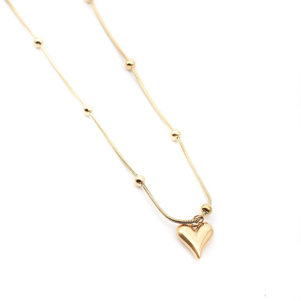 COL220060 Collar Acero dorado Corazon, cadena con bolitas