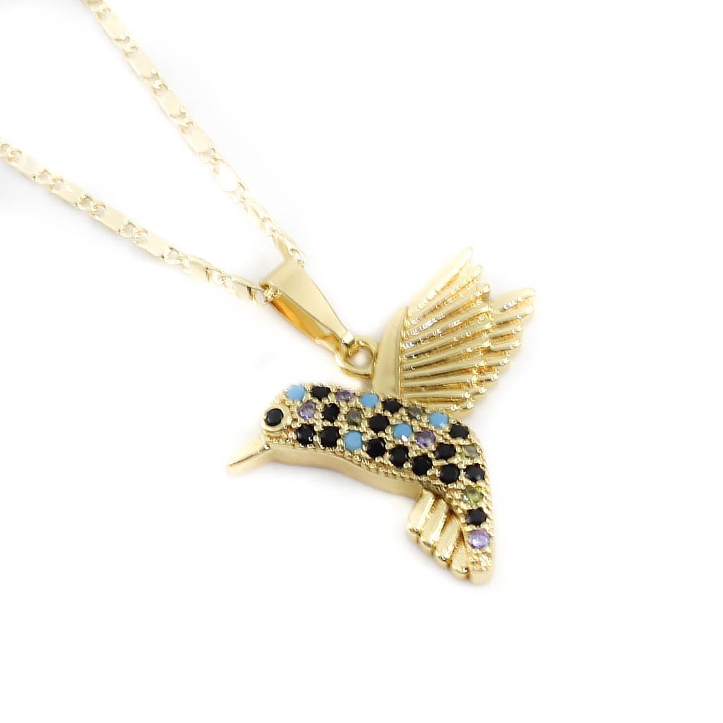 COL23304 Collar Acero dorado con colibri piedritas colores