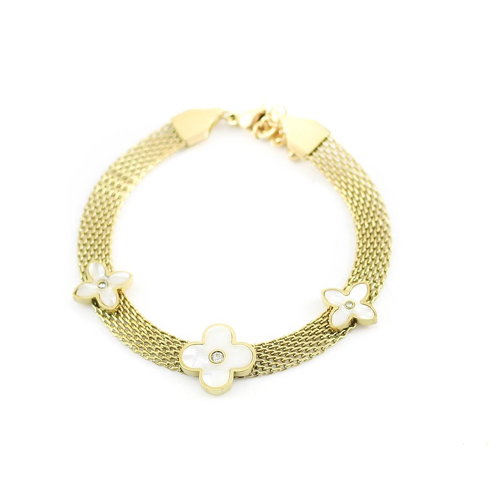 PUL160841 Pulsera Acero dorado con flores en perla madre