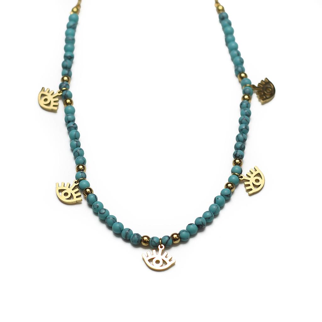 COL160843 Collar Acero Dorado cuentas turquesa con ojos