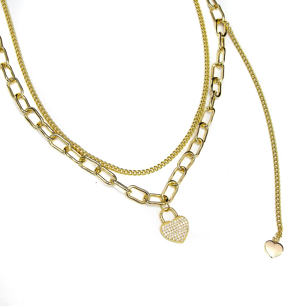 COL0073 Collar Acero Dorado Cadena doble Mixta corazón candado