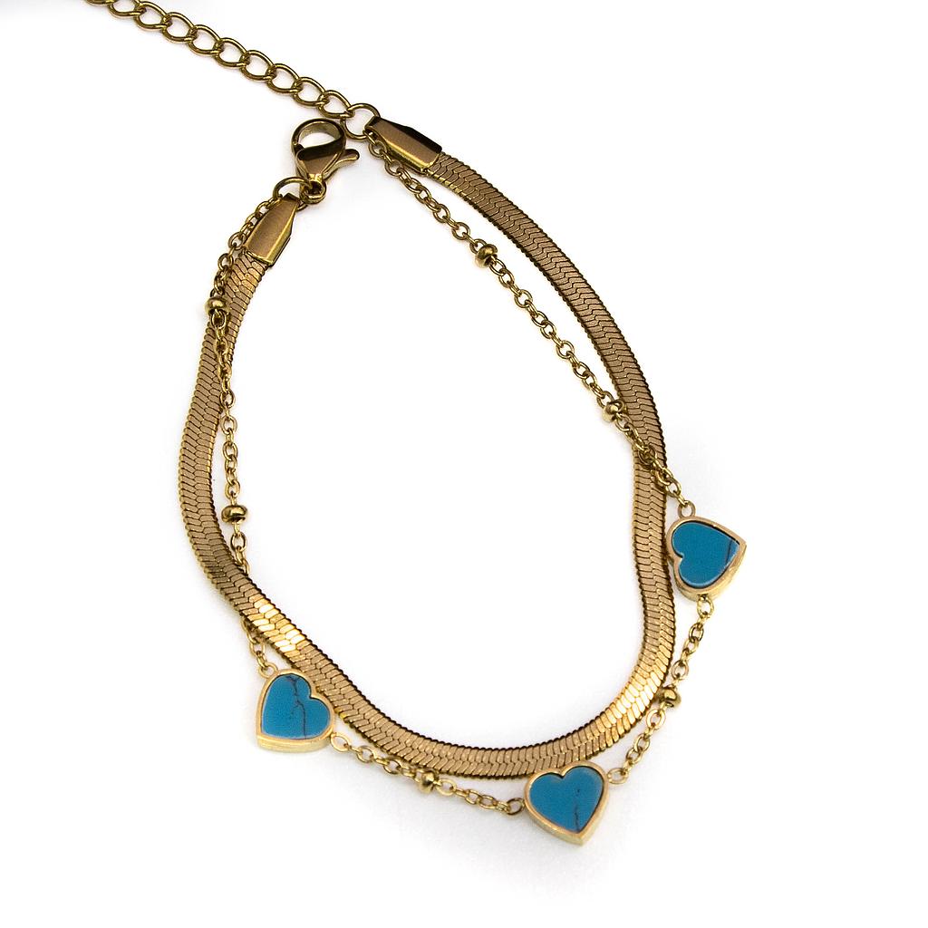 PUL0034 Pulsera Acero Dorado Cadena doble con triple corazón piedra turquesa