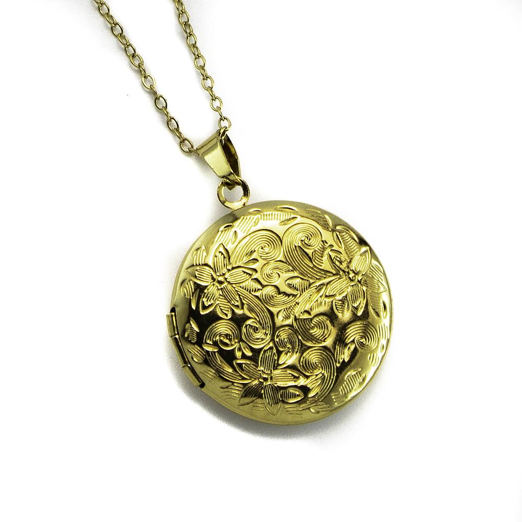 COL941 Collar Acero Relicario Corazón Dorado