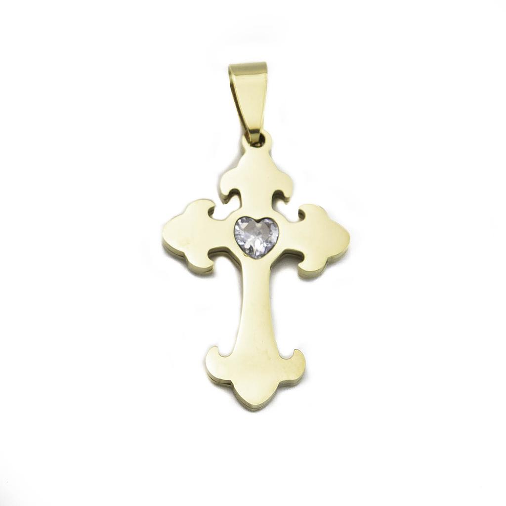 JE2008 Dije Acero Cruz Dorada con piedra blanca